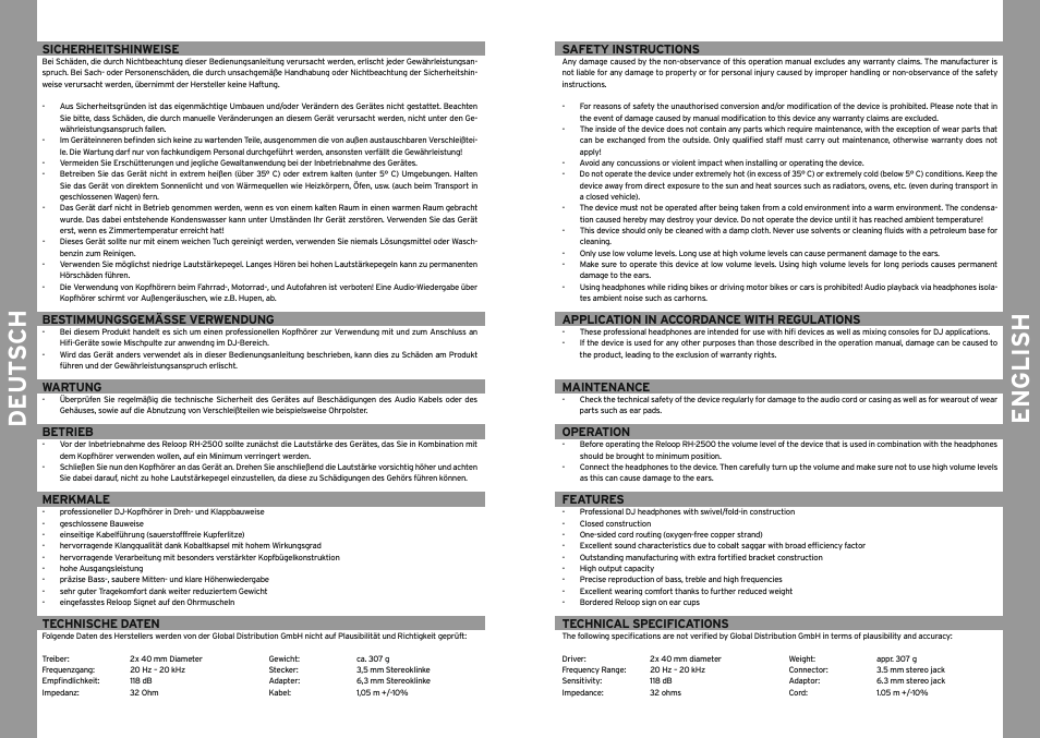 De ut s ch english | Reloop RH-2500 User Manual | Page 2 / 2