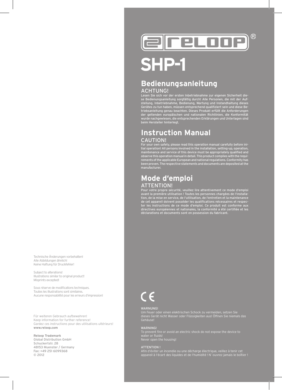 Shp-1, Bedienungsanleitung, Instruction manual | Mode d‘emploi | Reloop SHP-1 User Manual | Page 2 / 4