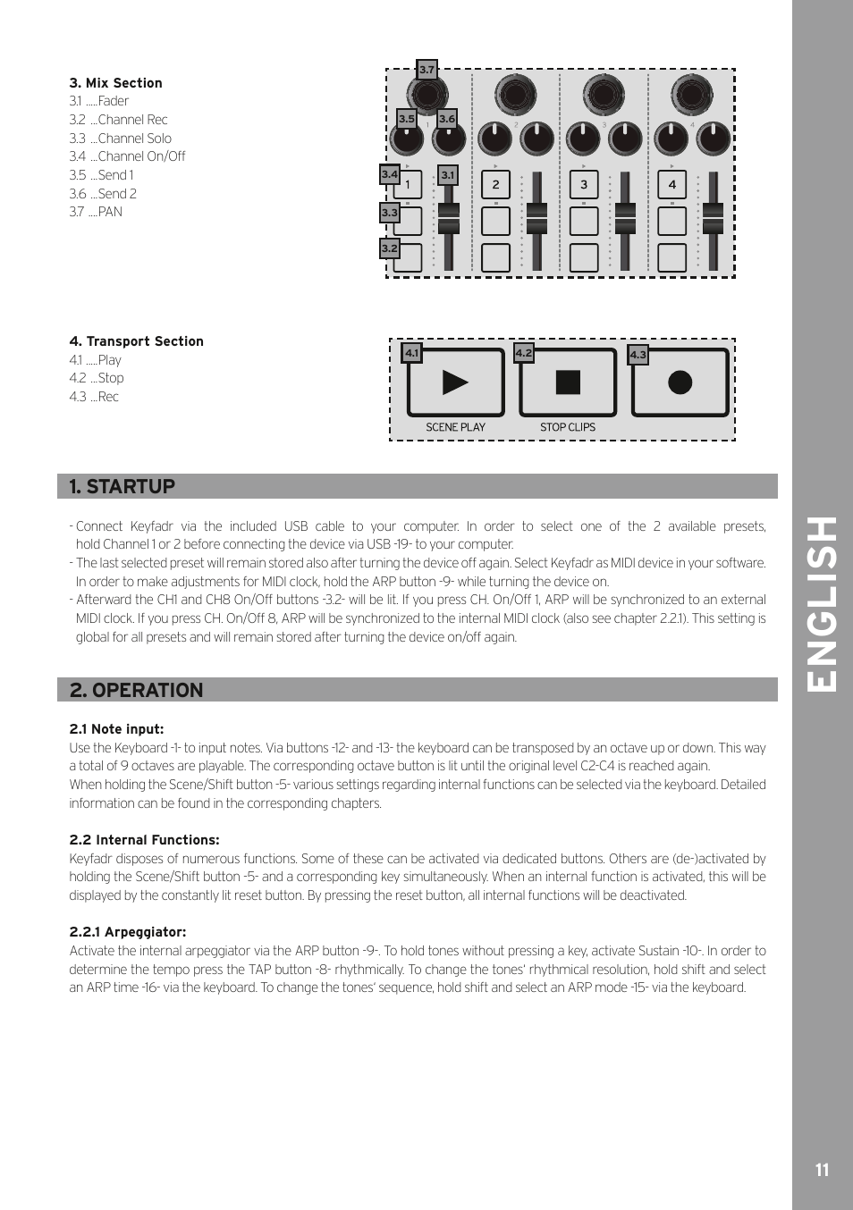 English, Startup, Operation | Reloop KEYFADR - Instruction Manual User Manual | Page 11 / 28