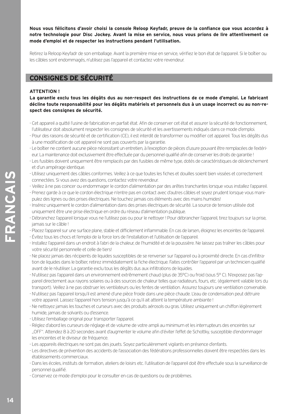 Fr anc ais, Consignes de sécurité | Reloop KEYFADR - Instruction Manual User Manual | Page 14 / 28