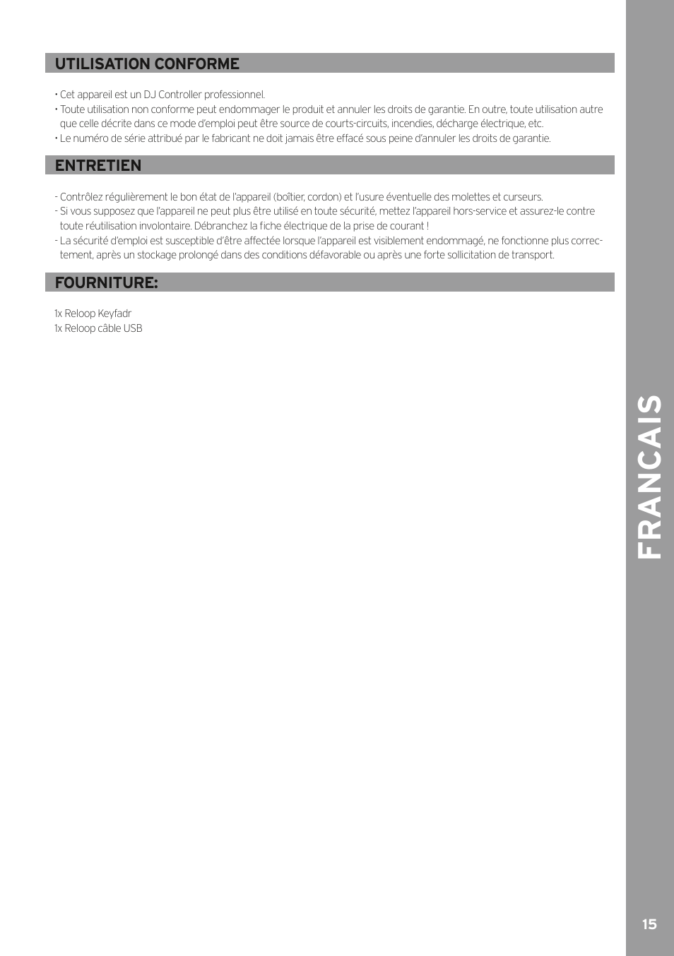 Fr anc ais | Reloop KEYFADR - Instruction Manual User Manual | Page 15 / 28
