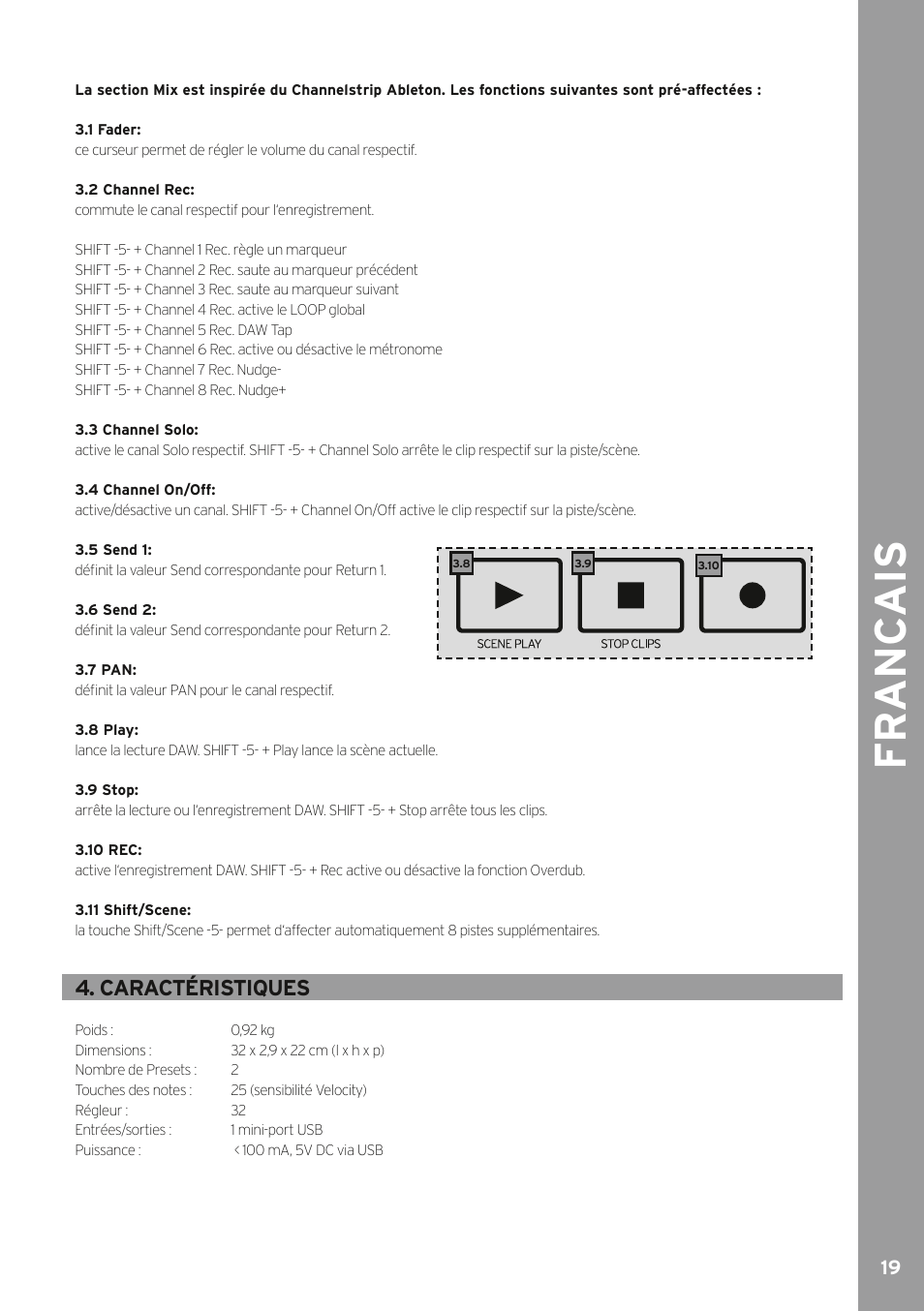 Fr anc ais, Caractéristiques | Reloop KEYFADR - Instruction Manual User Manual | Page 19 / 28