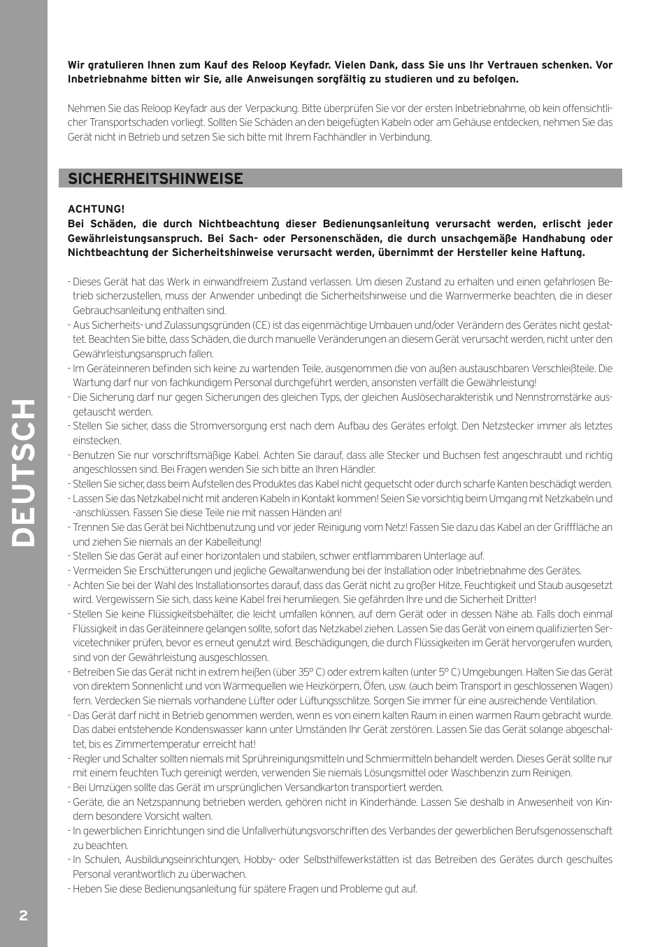 De ut s ch, Sicherheitshinweise | Reloop KEYFADR - Instruction Manual User Manual | Page 2 / 28