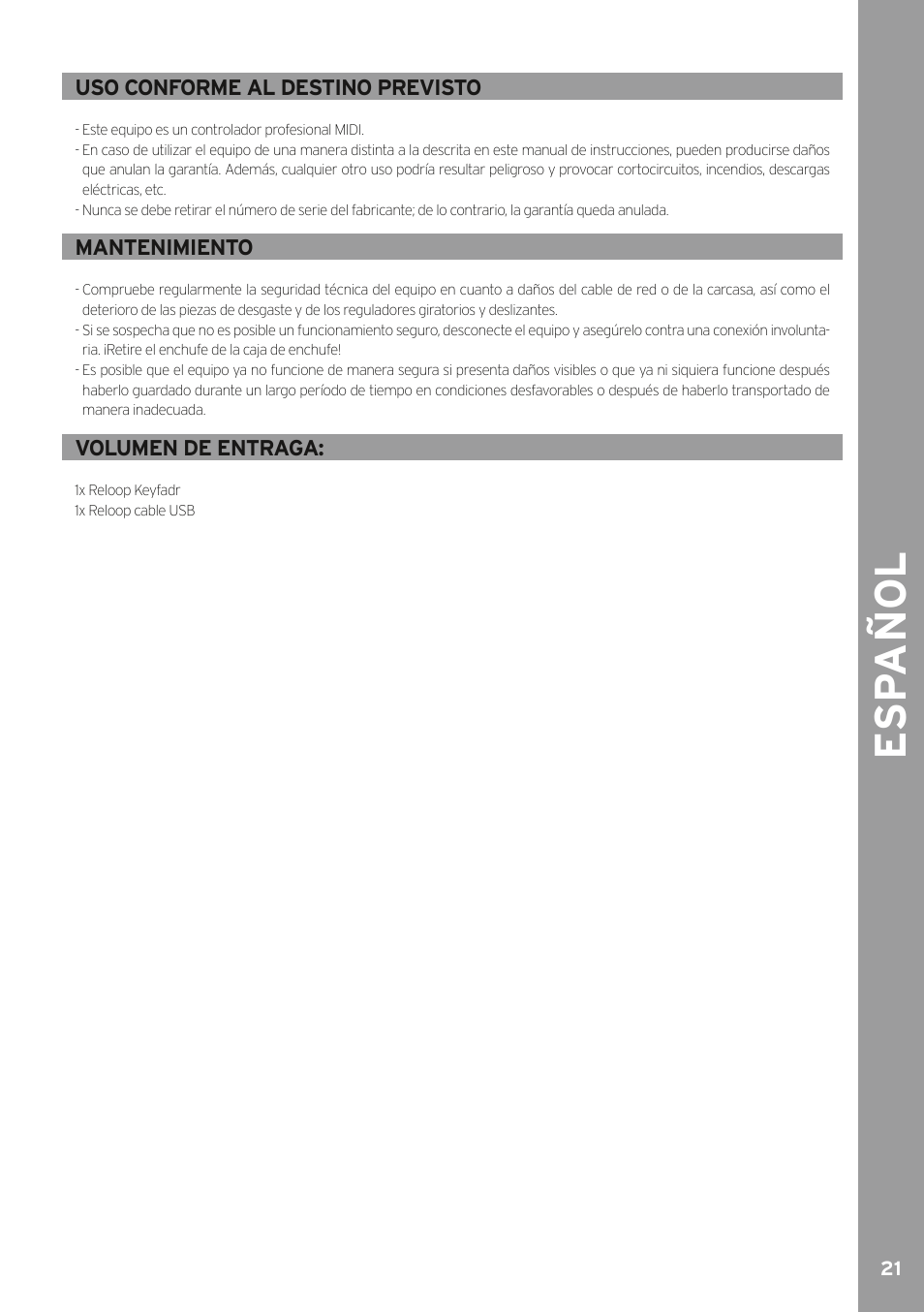 Esp a ño l | Reloop KEYFADR - Instruction Manual User Manual | Page 21 / 28