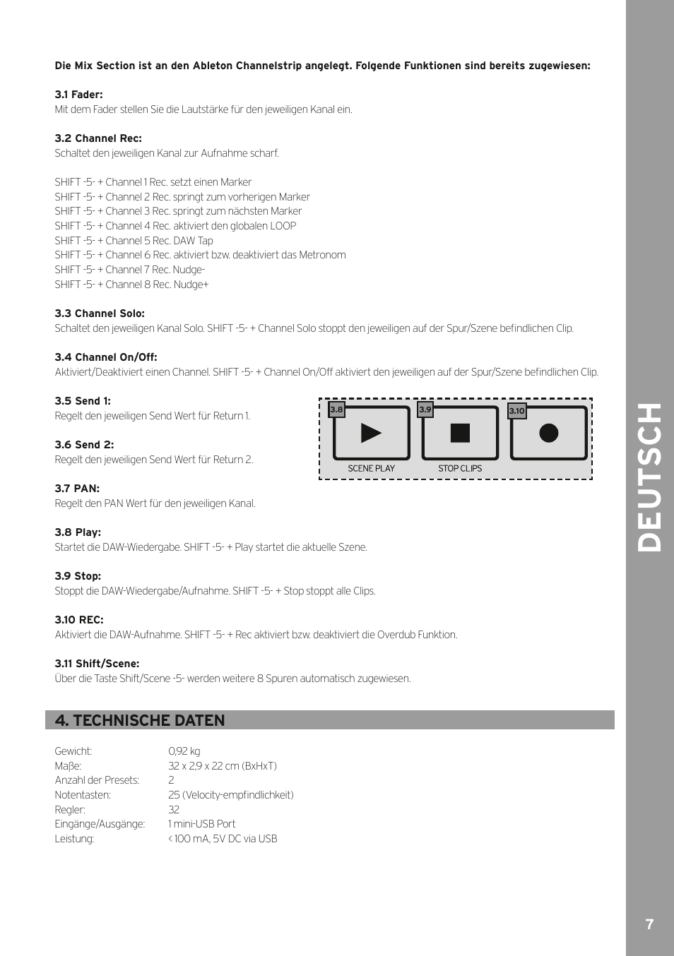 De ut s ch, Technische daten | Reloop KEYFADR - Instruction Manual User Manual | Page 7 / 28