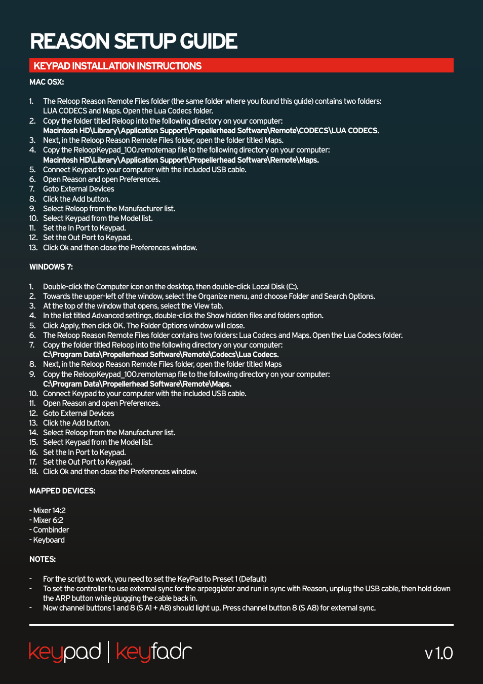 Reason setup guide, V 1.0 | Reloop KEYPAD - REASON Setup Guide v1.0 User Manual | Page 2 / 3