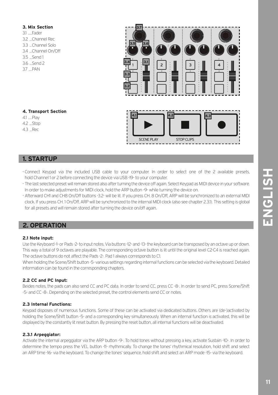 English, Startup, Operation | Reloop KEYPAD - Instruction Manual User Manual | Page 11 / 28