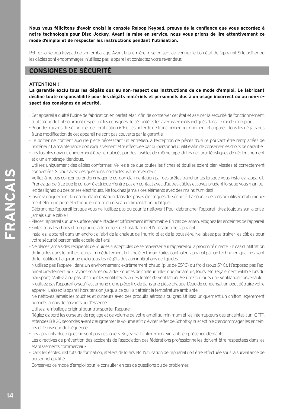 Fr anc ais, Consignes de sécurité | Reloop KEYPAD - Instruction Manual User Manual | Page 14 / 28