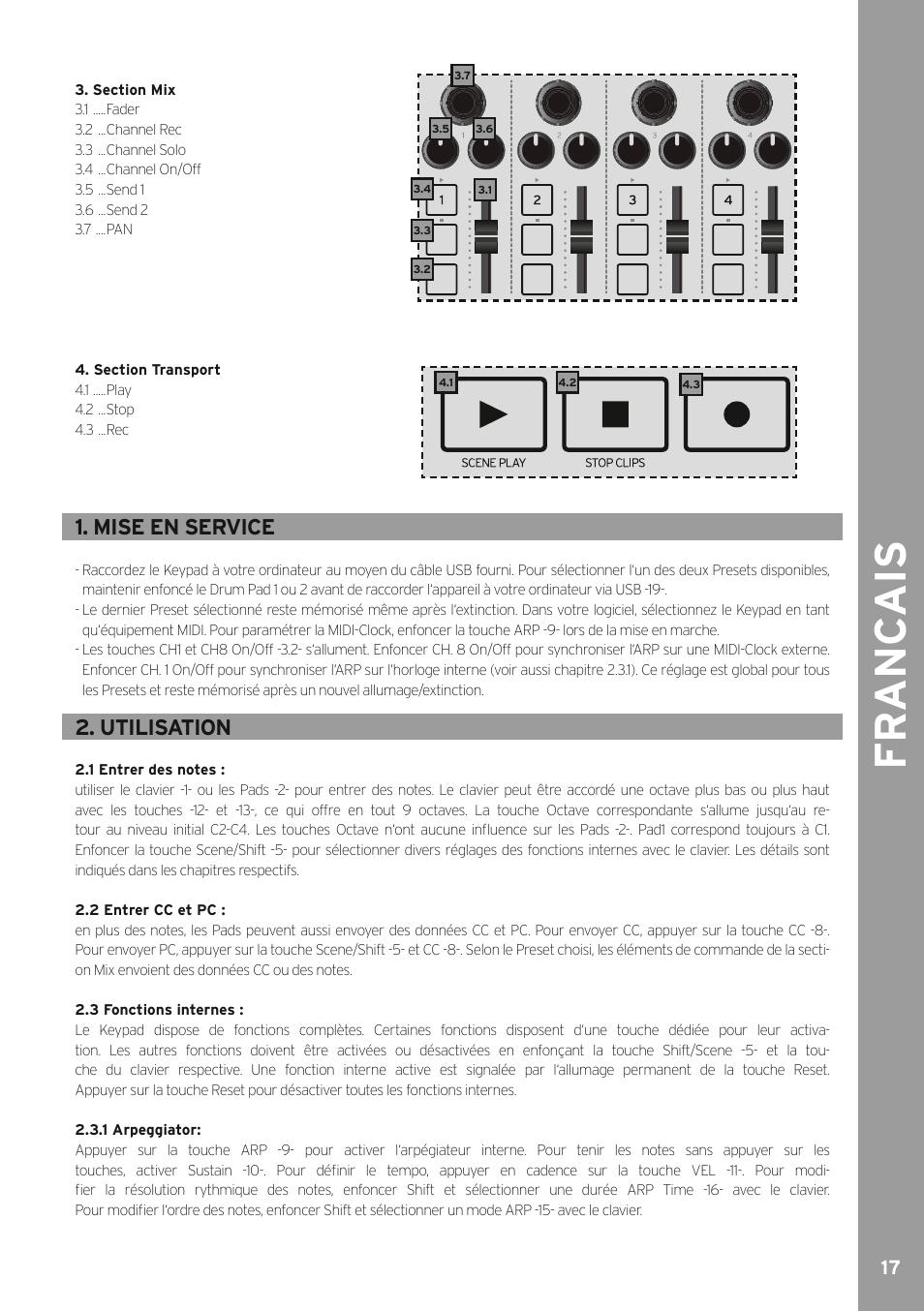 Fr anc ais, Mise en service, Utilisation | Reloop KEYPAD - Instruction Manual User Manual | Page 17 / 28