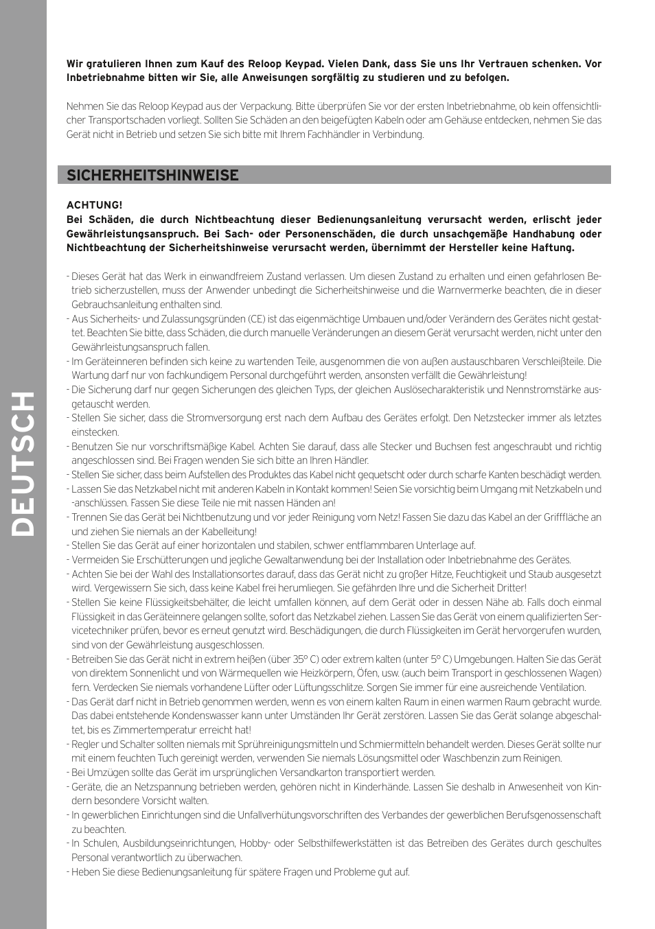 De ut s ch, Sicherheitshinweise | Reloop KEYPAD - Instruction Manual User Manual | Page 2 / 28