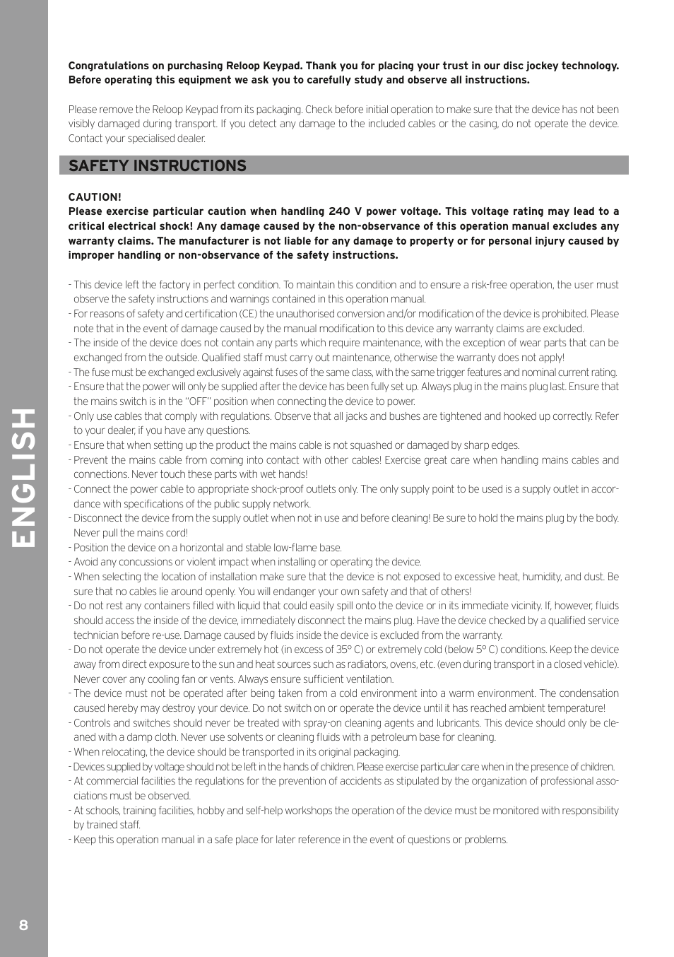 English, Safety instructions | Reloop KEYPAD - Instruction Manual User Manual | Page 8 / 28
