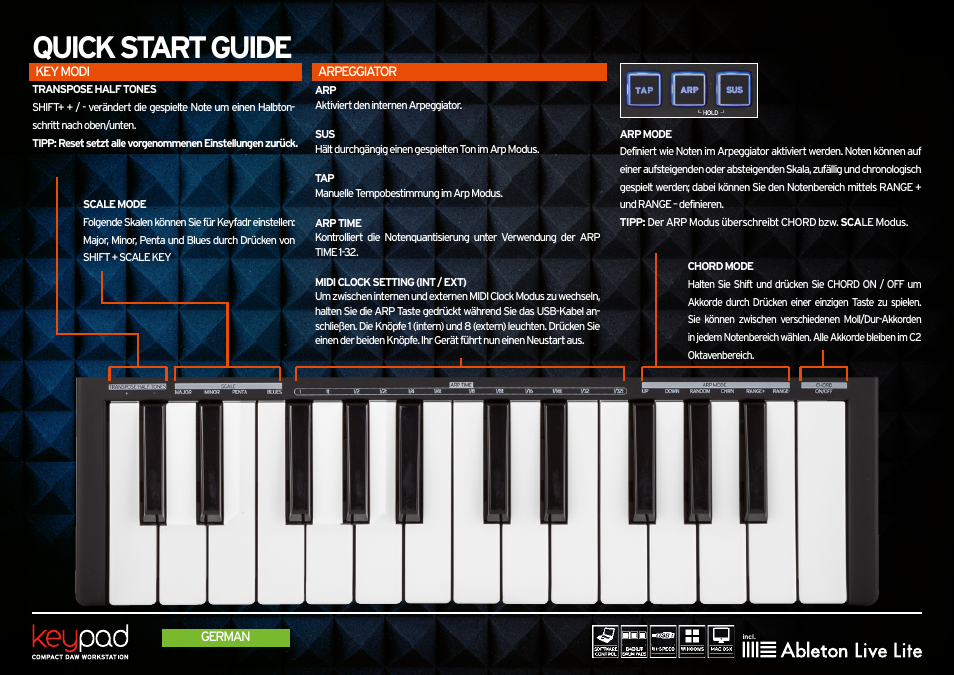 Key modi, Arpeggiator, Quick start guide | Reloop KEYPAD - Quickstart Guide User Manual | Page 8 / 16