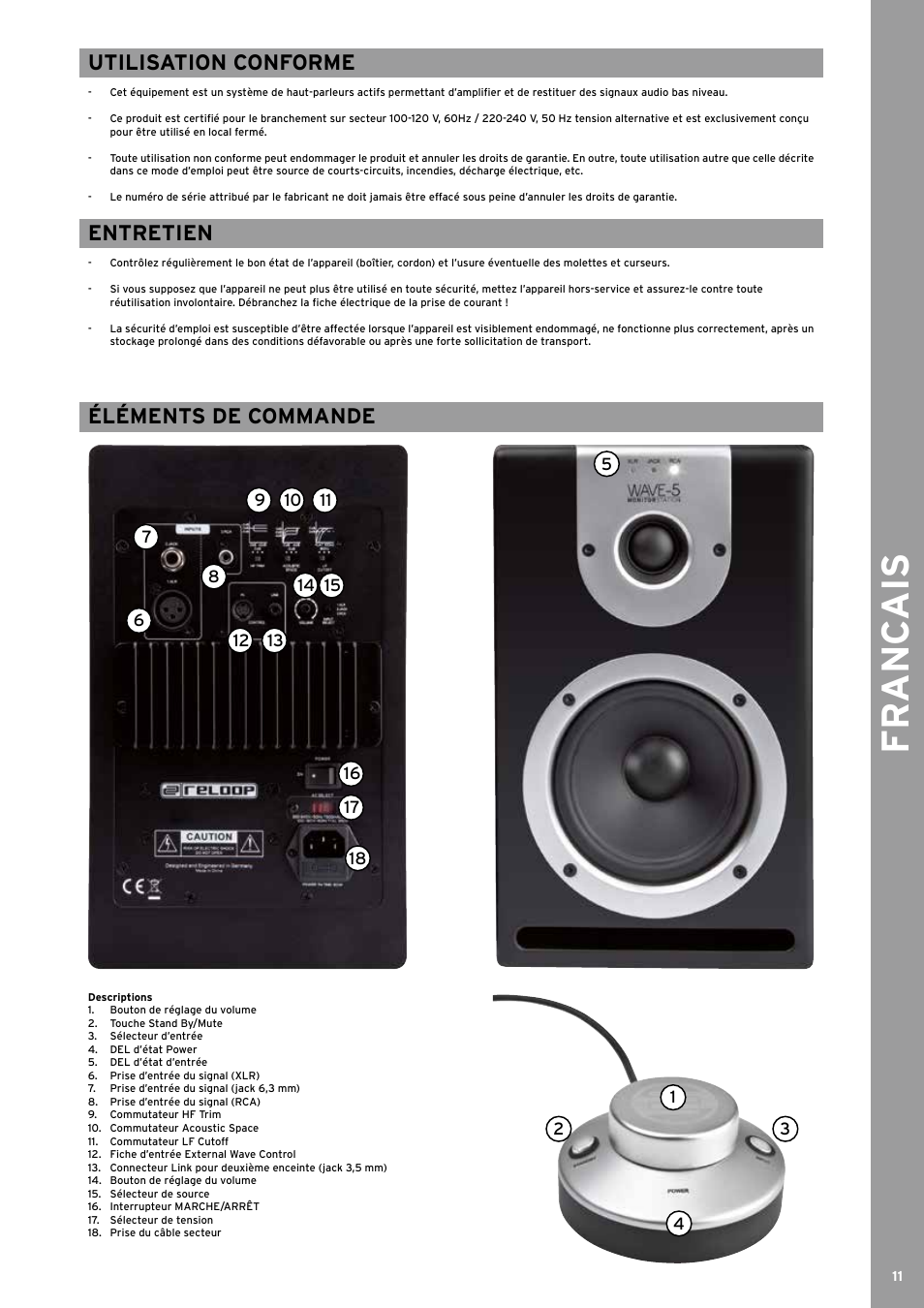 Fr anc ais, Utilisation conforme, Entretien | Éléments de commande | Reloop WAVE 8 User Manual | Page 11 / 20