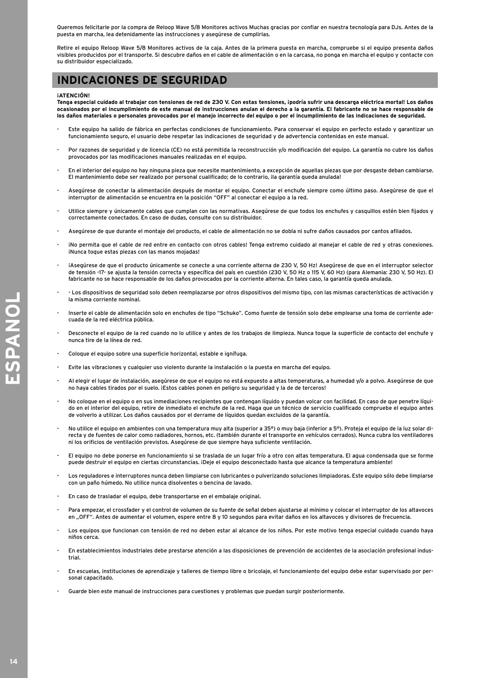Esp anol, Indicaciones de seguridad | Reloop WAVE 8 User Manual | Page 14 / 20