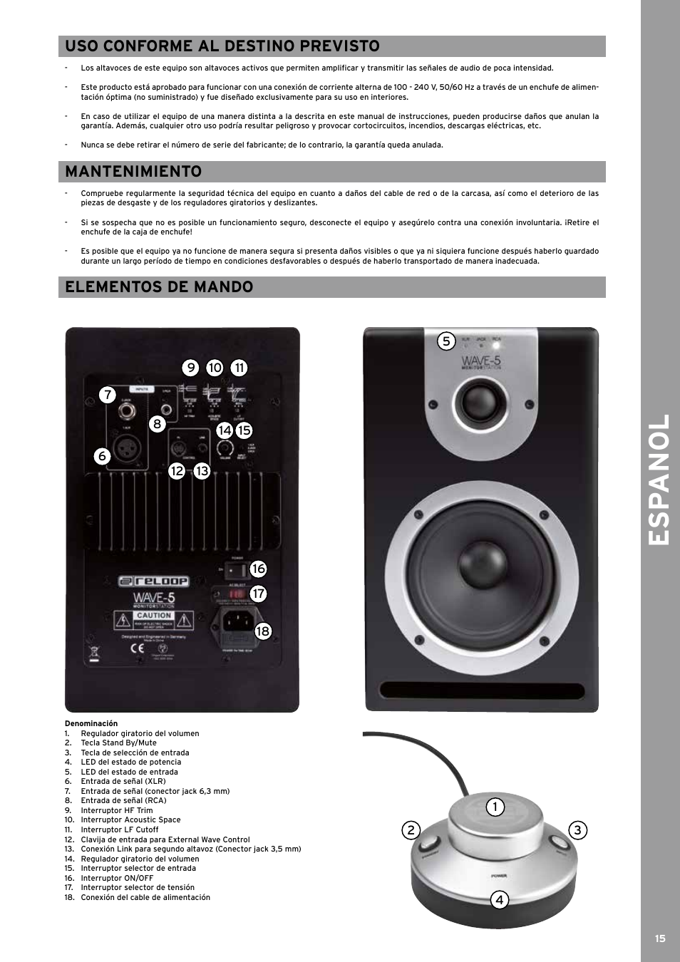 Esp anol, Uso conforme al destino previsto, Mantenimiento | Elementos de mando | Reloop WAVE 8 User Manual | Page 15 / 20