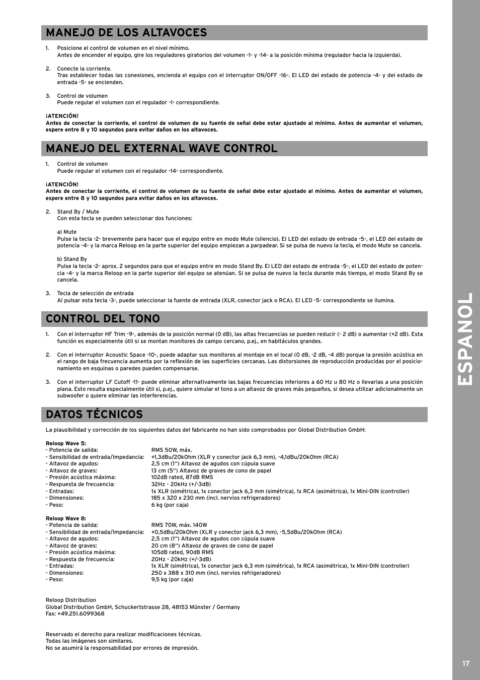 Esp anol, Manejo de los altavoces, Manejo del external wave control | Control del tono, Datos técnicos | Reloop WAVE 8 User Manual | Page 17 / 20