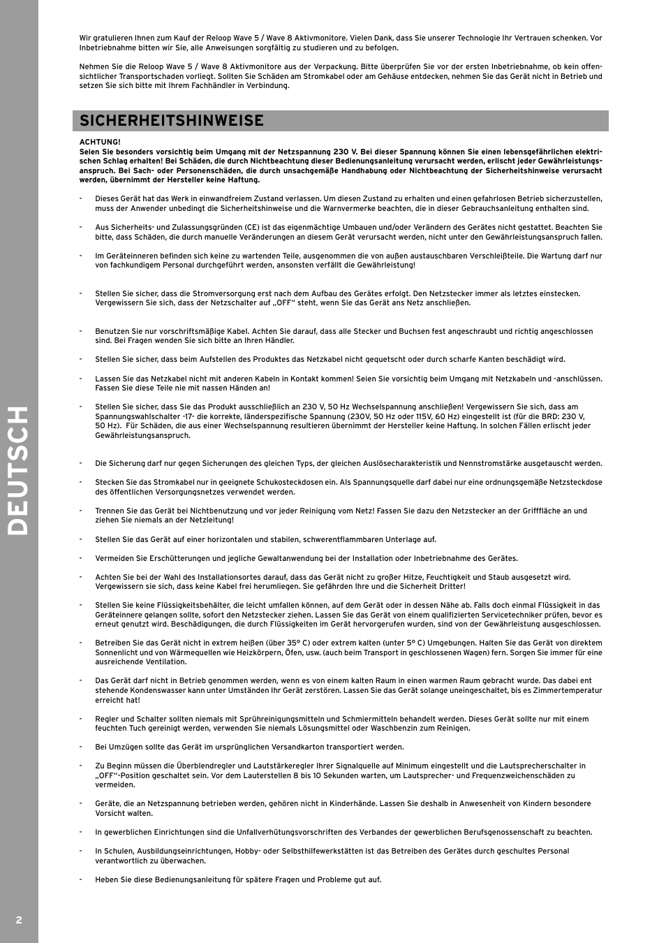 De ut s ch, Sicherheitshinweise | Reloop WAVE 8 User Manual | Page 2 / 20