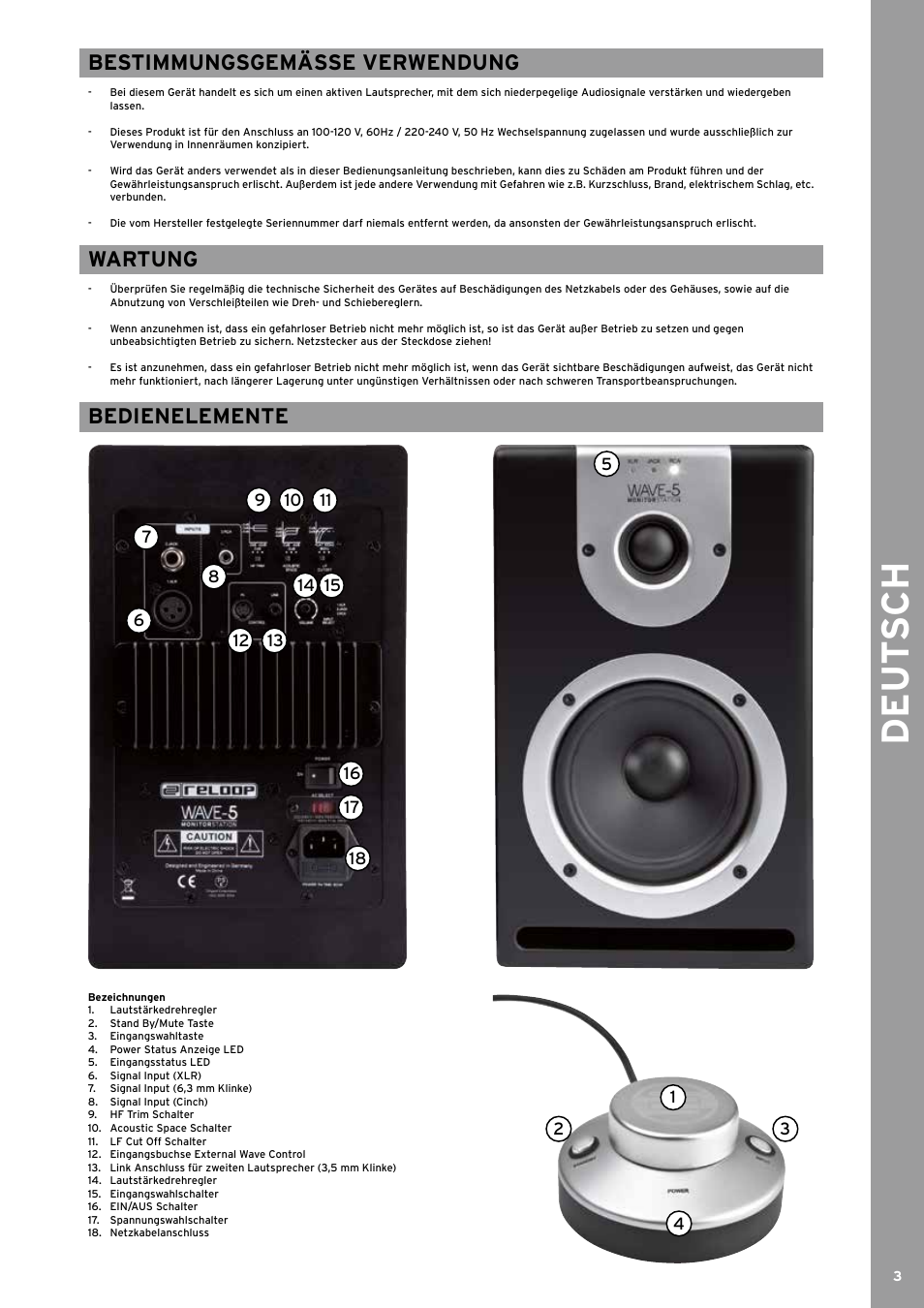 De ut s ch, Bestimmungsgemässe verwendung, Wartung | Bedienelemente | Reloop WAVE 8 User Manual | Page 3 / 20