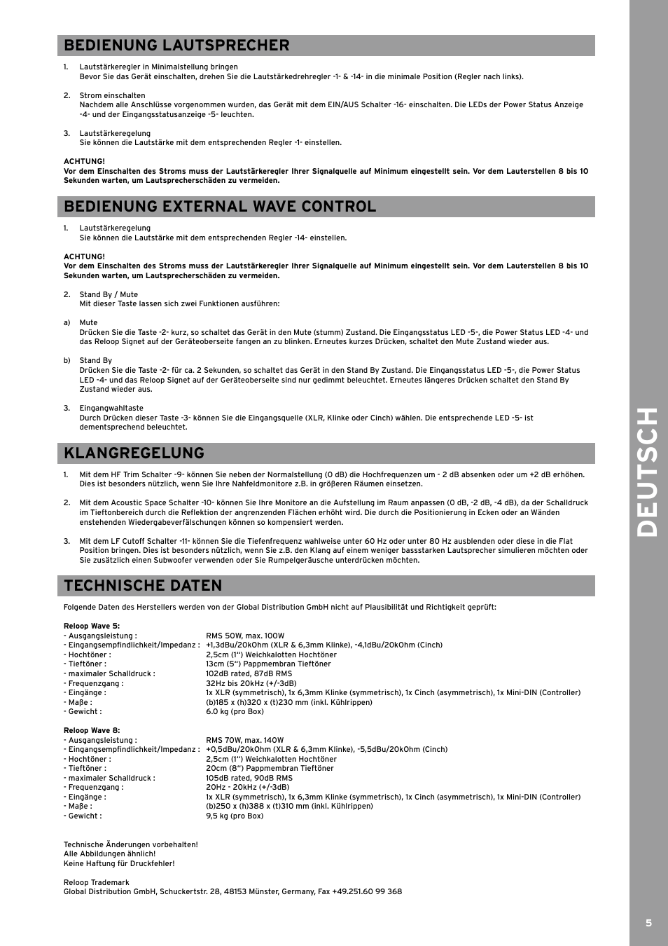 De ut s ch, Bedienung lautsprecher, Bedienung external wave control | Klangregelung, Technische daten | Reloop WAVE 8 User Manual | Page 5 / 20