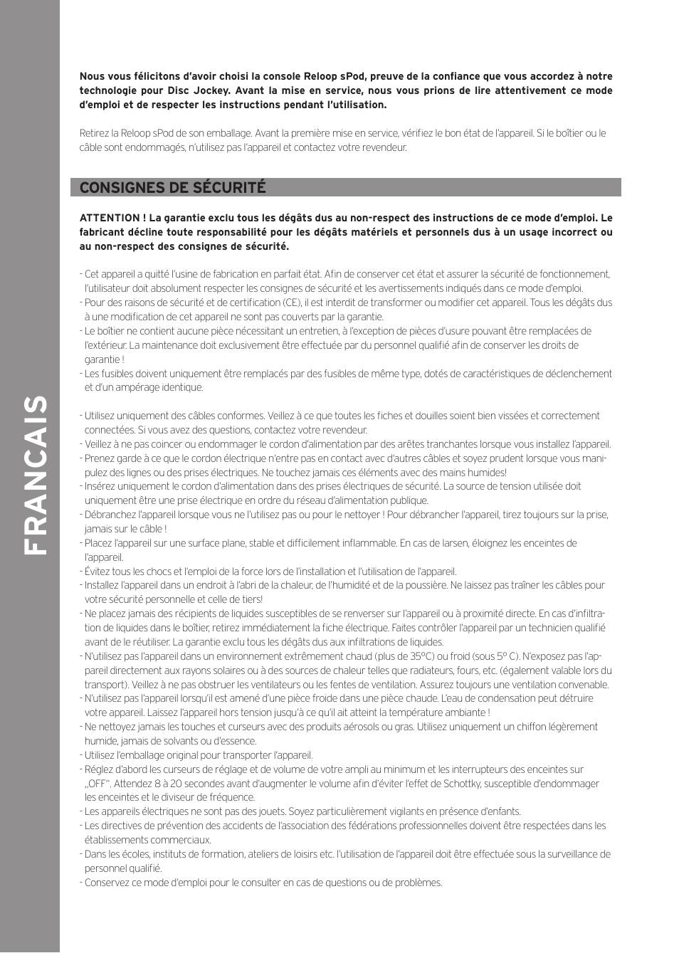 Fr anc ais, Consignes de sécurité | Reloop SPOD User Manual | Page 10 / 16