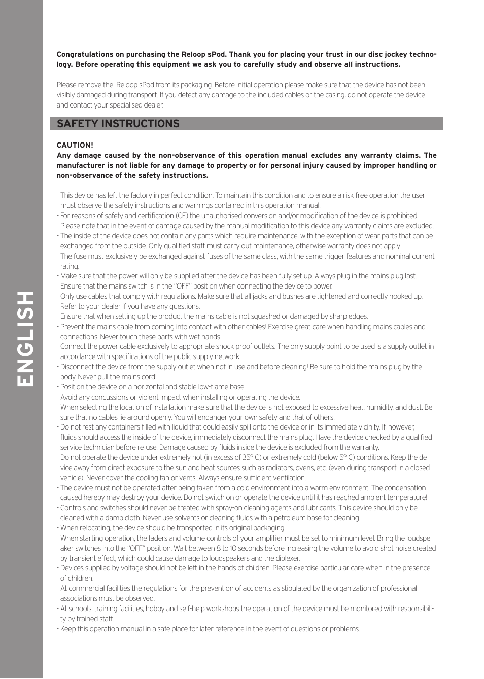 English, Safety instructions | Reloop SPOD User Manual | Page 6 / 16