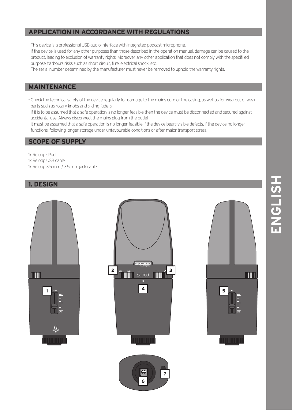 English, Application in accordance with regulations, Maintenance | Scope of supply, Design | Reloop SPOD User Manual | Page 7 / 16