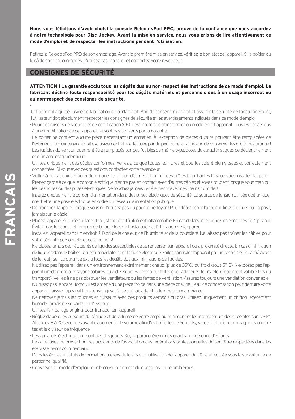 Fr anc ais, Consignes de sécurité | Reloop SPOD PRO User Manual | Page 10 / 16