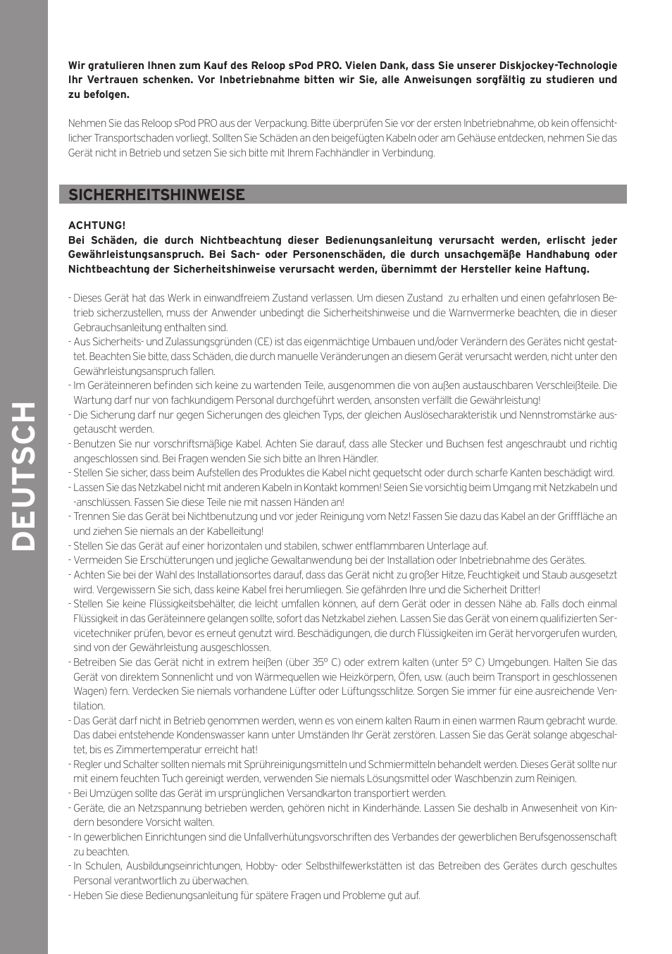 De ut s ch, Sicherheitshinweise | Reloop SPOD PRO User Manual | Page 2 / 16
