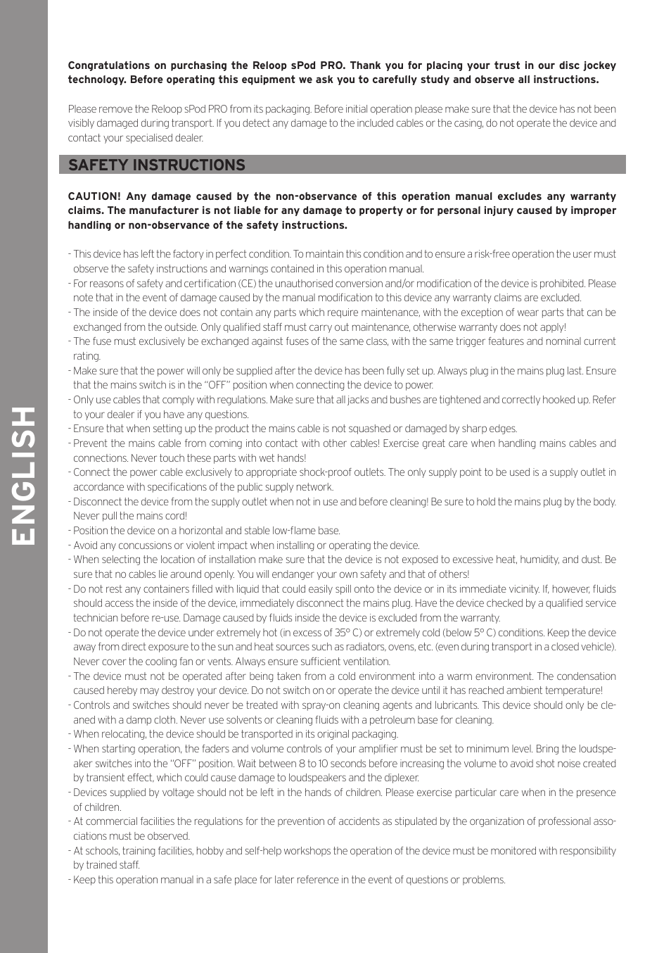 English, Safety instructions | Reloop SPOD PRO User Manual | Page 6 / 16