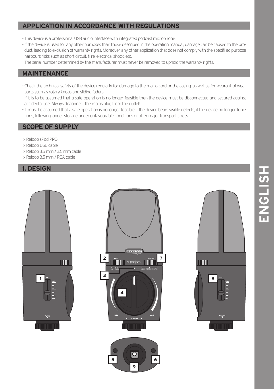 English, Application in accordance with regulations, Maintenance | Scope of supply, Design | Reloop SPOD PRO User Manual | Page 7 / 16