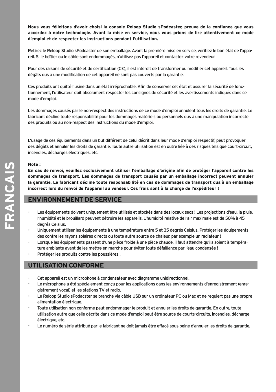 Francais, Environnement de service, Utilisation conforme | Fr anc ais | Reloop SPODCASTER User Manual | Page 10 / 16