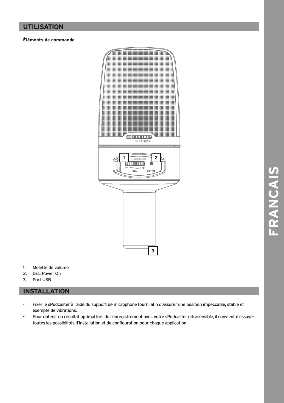 Utilisation, Installation, Fr anc ais | Reloop SPODCASTER User Manual | Page 11 / 16