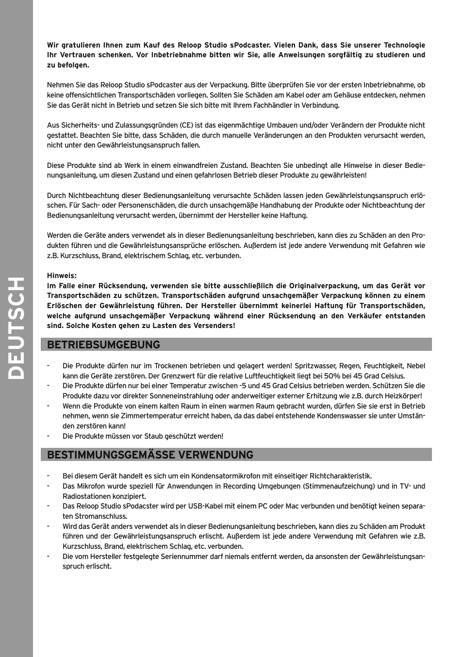 Deutsch, Betriebsumgebung, Bestimmungsgemäße verwendung | De ut s ch | Reloop SPODCASTER User Manual | Page 2 / 16