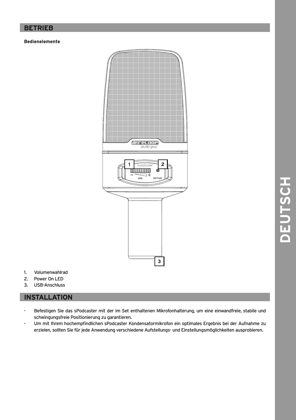 Betrieb, Installation, De ut s ch | Reloop SPODCASTER User Manual | Page 3 / 16