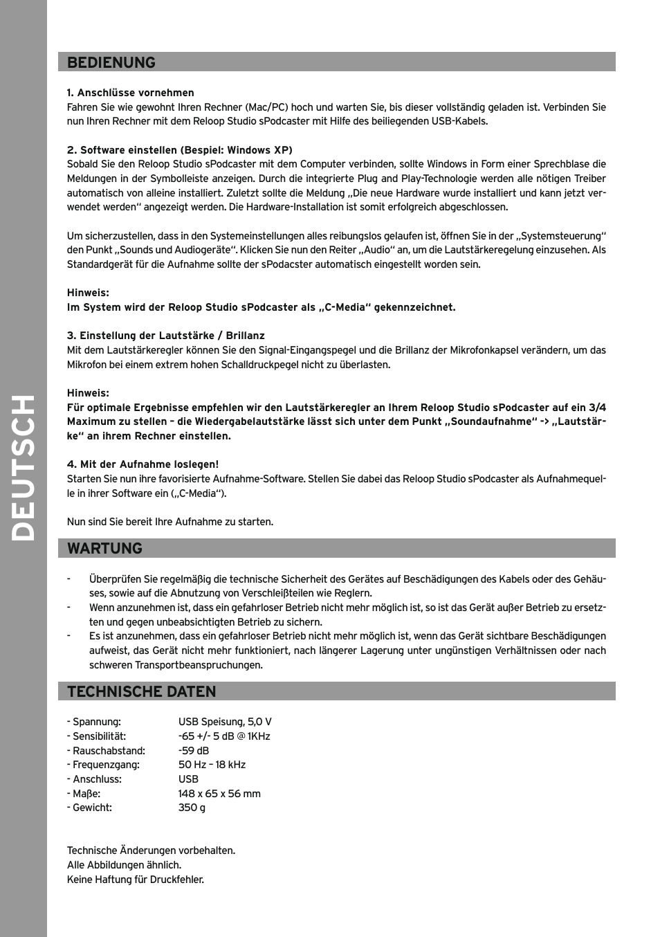 Bedienung, Anschlüsse vornehmen, Software einstellen (bespiel: windows xp) | Einstellung der lautstärke / brillanz, Mit der aufnahme loslegen, Wartung, Technische daten, De ut s ch | Reloop SPODCASTER User Manual | Page 4 / 16