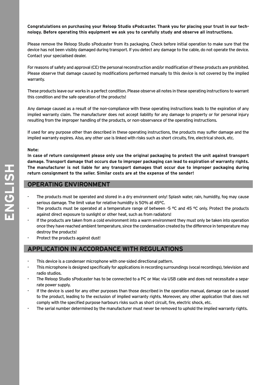 English, Operating environment, Application in accordance with regulations | Reloop SPODCASTER User Manual | Page 6 / 16
