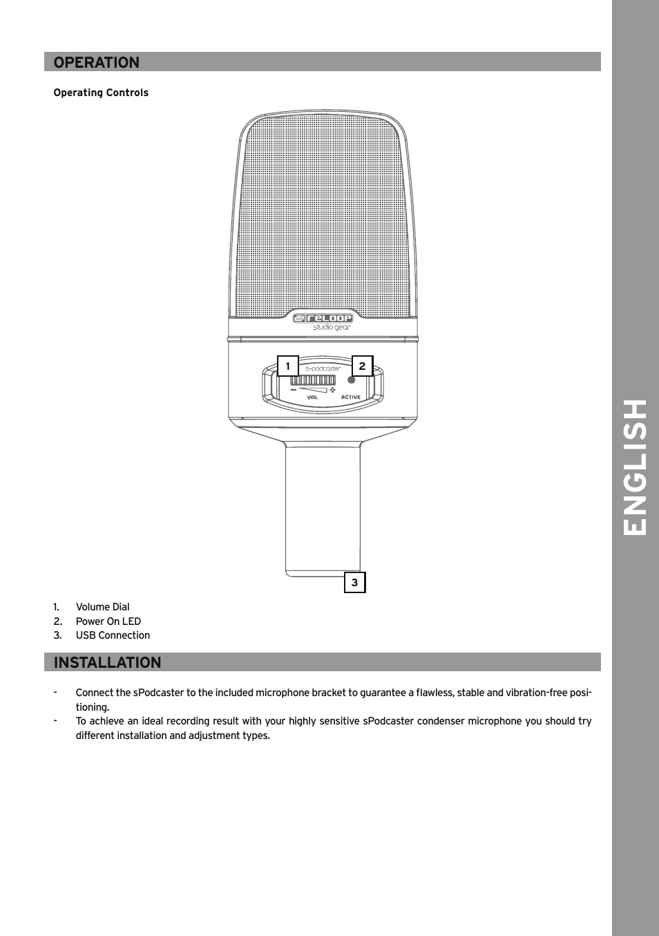 Operation, Installation, English | Reloop SPODCASTER User Manual | Page 7 / 16
