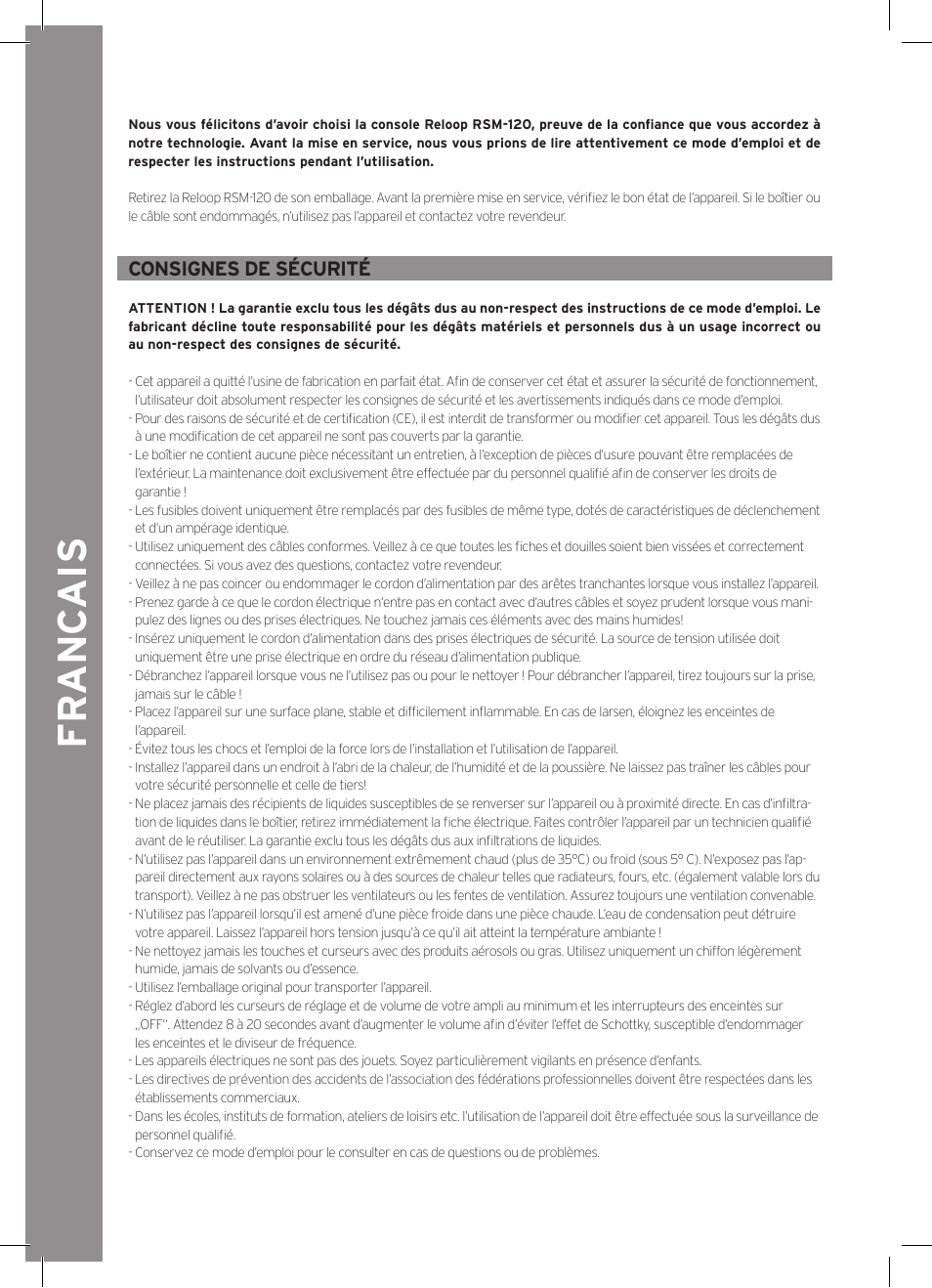 Fr anc ais, Consignes de sécurité | Reloop RSM-120 User Manual | Page 6 / 8