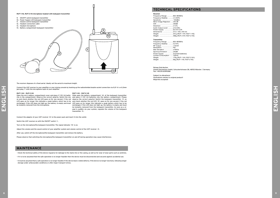 English, Maintenance, Technical specifications | Reloop RUF-2 HS User Manual | Page 5 / 9