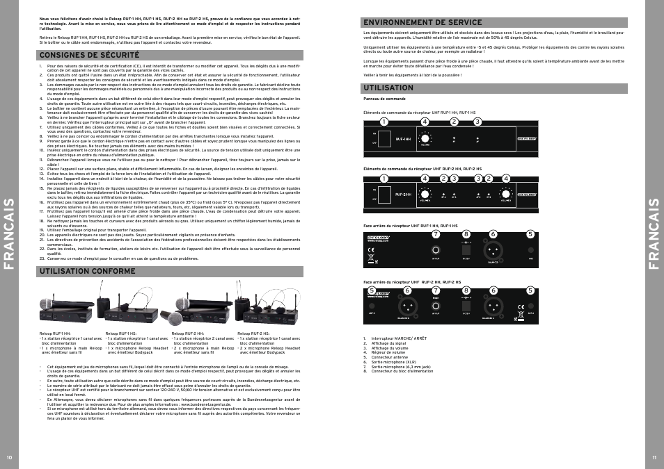 Fr anc ais fr anc ais, Consignes de sécurité, Utilisation conforme | Environnement de service, Utilisation | Reloop RUF-2 HS User Manual | Page 6 / 9