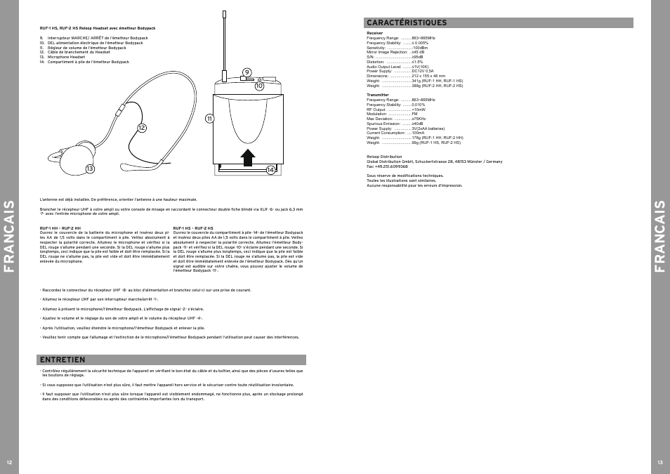 Fr anc ais fr anc ais, Caractéristiques, Entretien | Reloop RUF-2 HS User Manual | Page 7 / 9