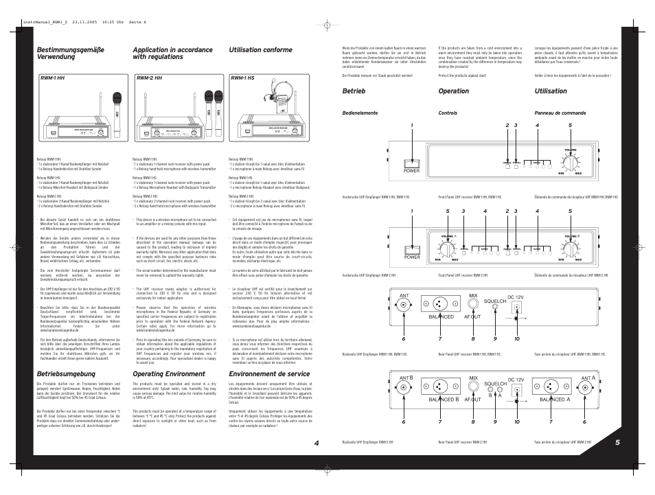 Betrieb, Operation, Utilisation | 54 bestimmungsgemäße verwendung, Betriebsumgebung, Application in accordance with regulations, Operating environment, Utilisation conforme, Environnement de service | Reloop RWM-2 HH User Manual | Page 5 / 8