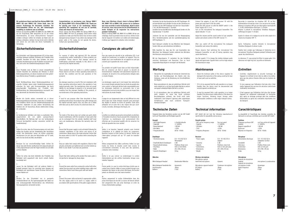 Sicherheitshinweise, Consignes de sécurité, Wartung | Technische daten, Maintenance, Technical information, Entretien, Caractéristiques | Reloop RWM-2 HH User Manual | Page 7 / 8