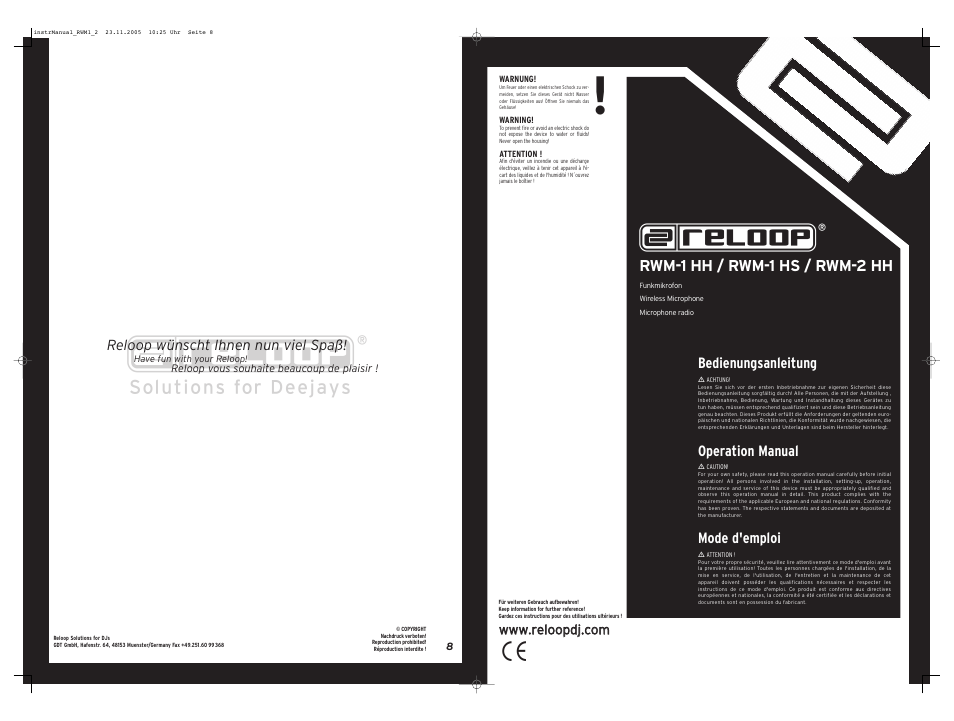 Rwm-1 hh / rwm-1 hs / rwm-2 hh, Bedienungsanleitung, Operation manual | Mode d'emploi, Reloop wünscht ihnen nun viel spaß | Reloop RWM-2 HH User Manual | Page 8 / 8