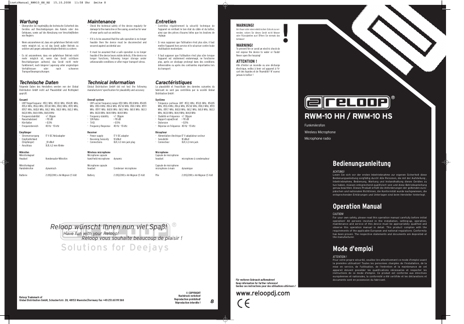 Rwm-10 hh / rwm-10 hs, Bedienungsanleitung, Operation manual | Mode d'emploi, Reloop wünscht ihnen nun viel spaß | Reloop RWM-10 HS User Manual | Page 8 / 8