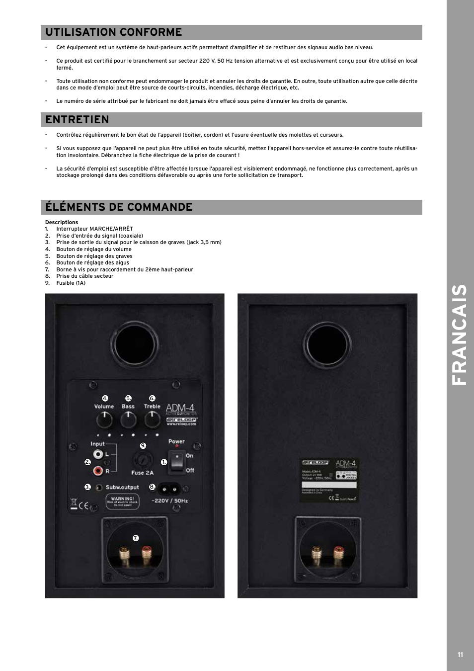 Fr anc ais, Utilisation conforme, Entretien | Éléments de commande | Reloop ADM-4 User Manual | Page 11 / 16