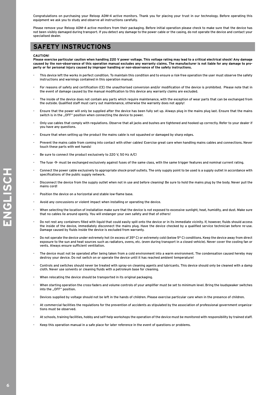 Englis ch, Safety instructions | Reloop ADM-4 User Manual | Page 6 / 16