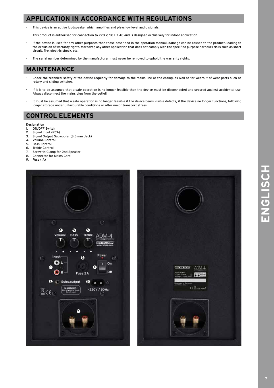 Englis ch, Application in accordance with regulations, Maintenance | Control elements | Reloop ADM-4 User Manual | Page 7 / 16