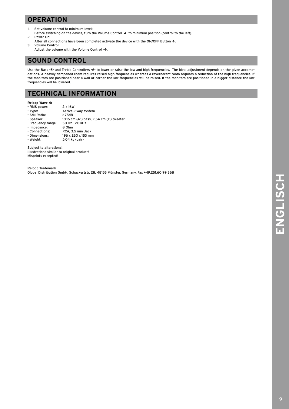 Englis ch, Operation, Sound control | Technical information | Reloop ADM-4 User Manual | Page 9 / 16