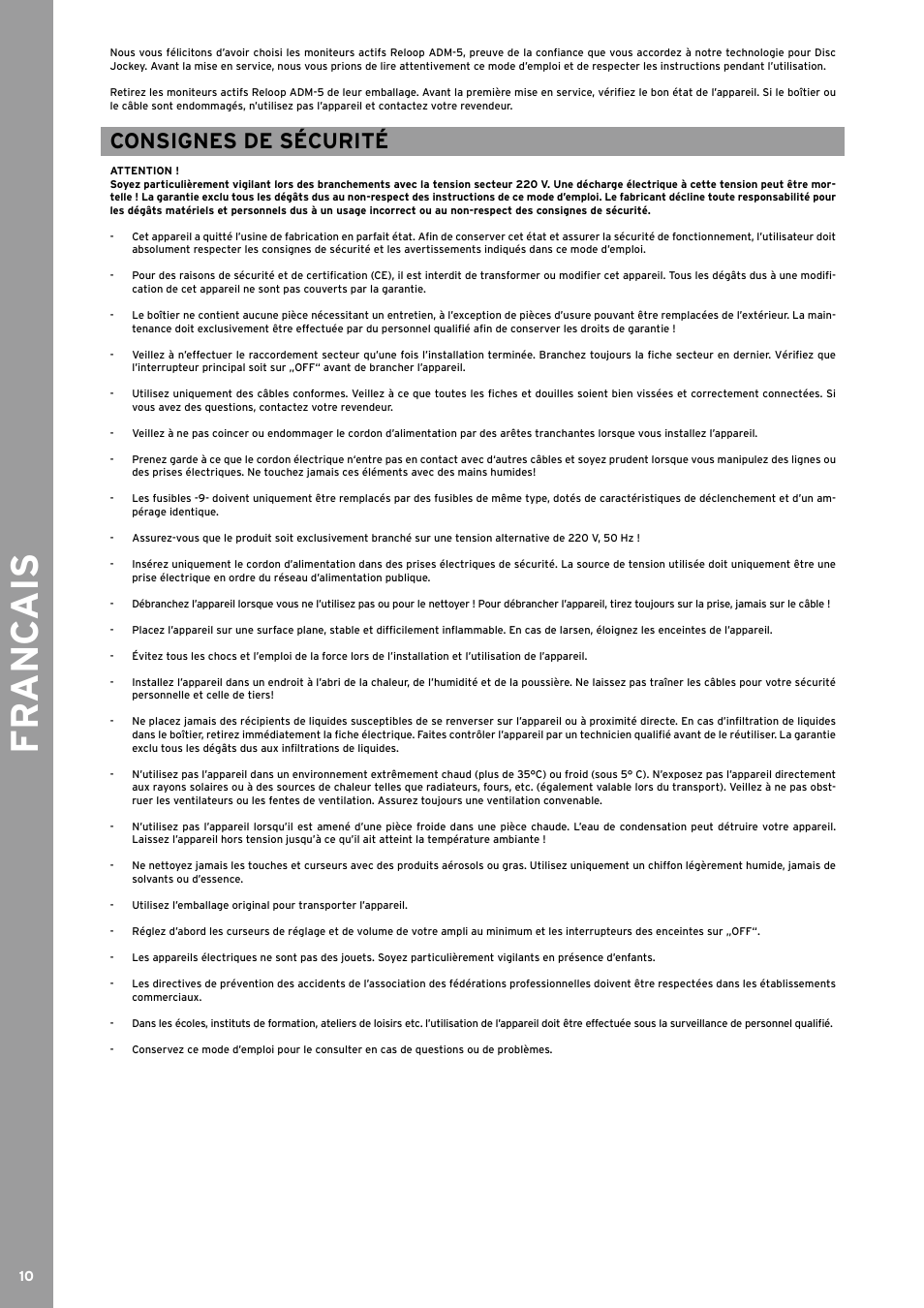 Fr anc ais, Consignes de sécurité | Reloop ADM-5 User Manual | Page 10 / 16